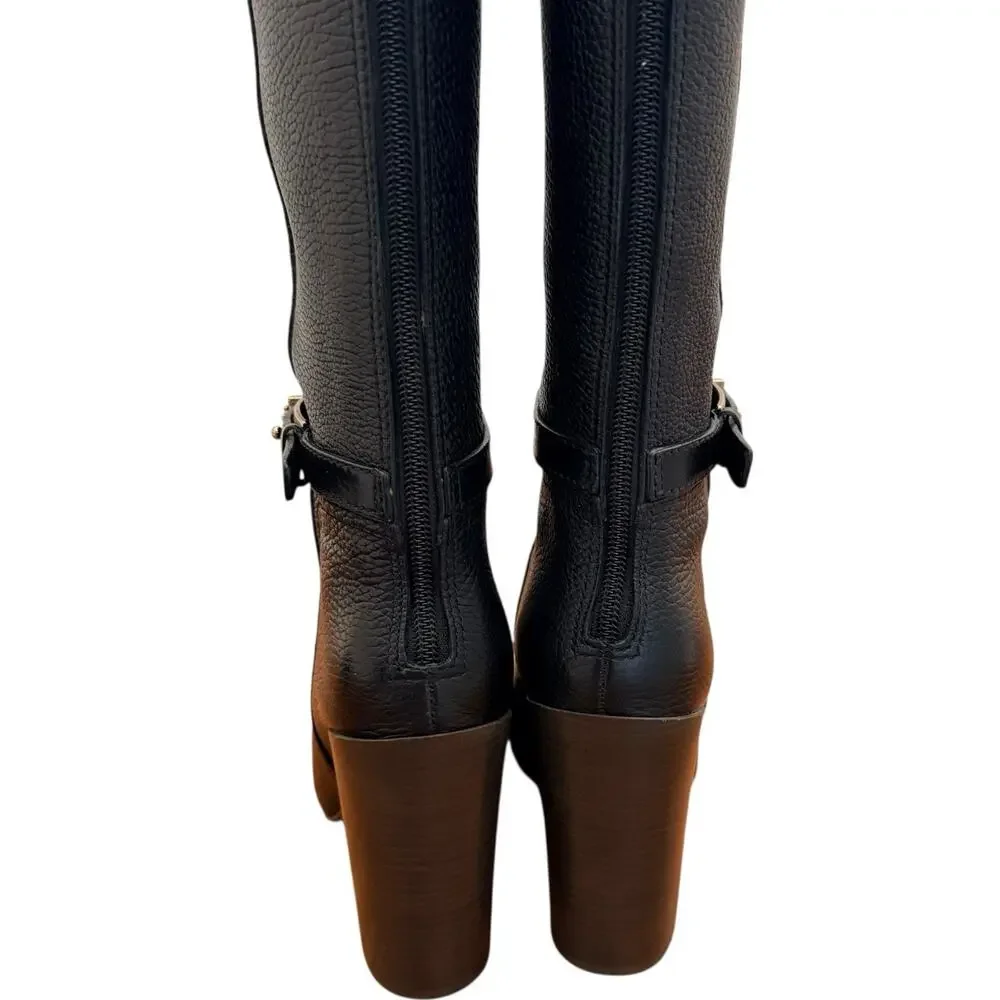 Tory Burch Jenna Black Pebbled Leather Knee High Boots Size 8.5